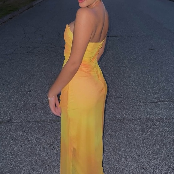 Zara NWT yellow orange tie dye printed tulle midi draped ruched sweetheart dress - Picture 11 of 16